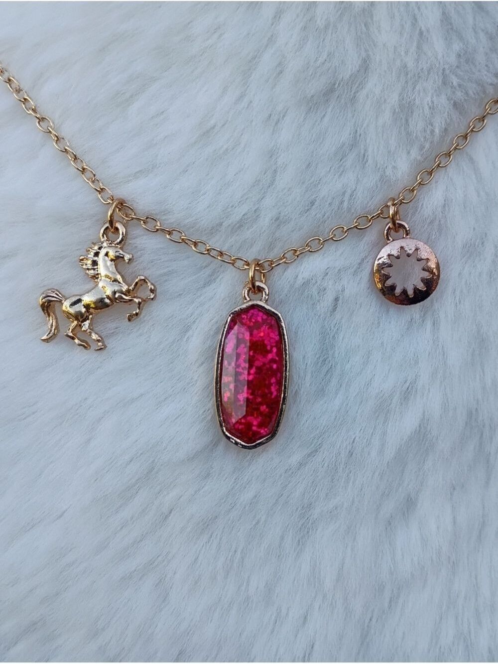 2/$10 July Girl Gold-Tone Necklace with Ruby Red Glitter Pendant and Charms